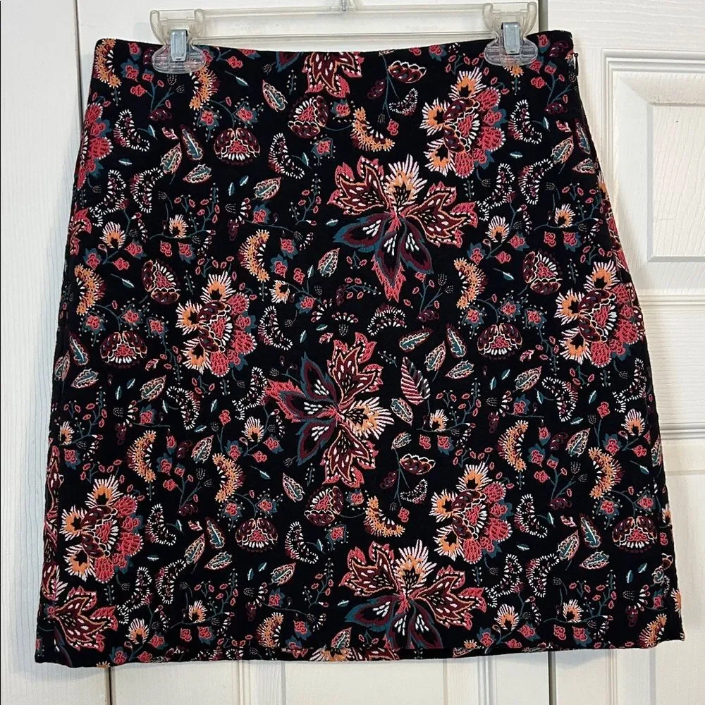 ANN TAYLOR LOFT Size 6 Tall Black Teal Red Lined Jacquard Mini Skirt A-Line